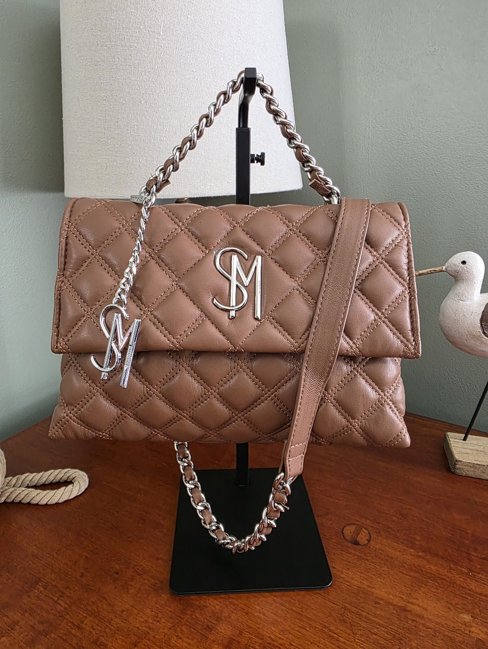 Steve Madden Quilted Chain Flap Crossbody Bag Camel Tan